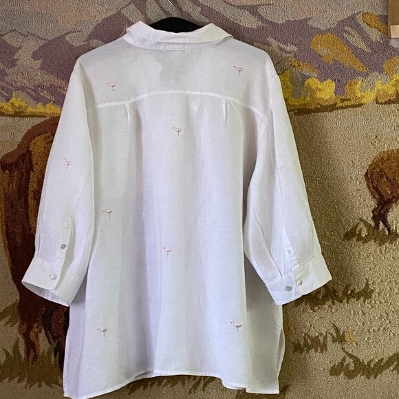 Edward Irish Linen Sz 2X White Blouse Shirt 3/4 Sleeve Embroidered Flamingo - Picture 7 of 11